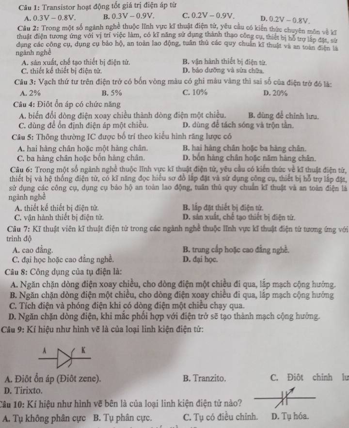 Transistor hoạt động tốt giá trị điện áp từ
A. 0.3V-0.8V. B. 0.3V-0.9V. C. 0.2V-0.9V. D. 0.2V-0.8V.
Câu 2: Trong một số ngành nghề thuộc lĩnh vực kĩ thuật điện tử, yêu cầu có kiến thức chuyên môn về kĩ
thuật điện tương ứng với vị trí việc làm, có kĩ năng sử dụng thành thạo công cụ, thiết bị hỗ trợ láp đặt, sử
dụng các công cụ, dụng cụ bảo hộ, an toàn lao động, tuân thủ các quy chuẩn kĩ thuật và an toàn điện là
ngành nghề
A. sản xuất, chế tạo thiết bị điện tử. B. vận hành thiết bị điện từ.
C. thiết kế thiết bị điện tử. D. bảo dưỡng và sửa chữa.
Câu 3: Vạch thứ tư trên điện trở có bốn vòng màu có ghi mâu vàng thì sai số của điện trở đó là:
A. 2% B. 5% C. 10% D. 20%
Câu 4: Điột ổn áp có chức năng
A. biến đổi dòng điện xoay chiều thành dòng điện một chiều. B. dùng để chỉnh lưu.
C. dùng để ổn định điện áp một chiều. D. dùng để tách sóng và trộn tần.
Câu 5: Thông thường IC được bố trí theo kiểu hình răng lược có
A. hai hàng chân hoặc một hàng chân. B. hai hàng chân hoặc ba hàng chân.
C. ba hàng chân hoặc bốn hàng chân. D. bốn hàng chân hoặc năm hàng chân.
Câu 6: Trong một số ngành nghề thuộc lĩnh vực kĩ thuật điện tử, yêu cầu có kiến thức về kĩ thuật điện tử,
thiết bị và hệ thống điện tử, có kĩ năng đọc hiểu sơ đồ lắp đặt và sử dụng công cụ, thiết bị hỗ trợ lắp đặt,
sử dụng các công cụ, dụng cụ bảo hộ an toàn lao động, tuân thủ quy chuân kĩ thuật và an toàn điện là
ngành nghề
A. thiết kế thiết bị điện tử. B. lắp đặt thiết bị điện tử.
C. vận hành thiết bị điện tử. D. sản xuất, chế tạo thiết bị điện tử.
Câu 7: Kĩ thuật viên kĩ thuật điện tử trong các ngành nghề thuộc lĩnh vực kĩ thuật điện tử tương ứng với
trình độ
A. cao đẳng. B. trung cấp hoặc cao đẳng nghề.
C. đại học hoặc cao đẳng nghề. D. đại học.
Câu 8: Công dụng của tụ điện là:
A. Ngăn chặn dòng điện xoay chiều, cho dòng điện một chiều đi qua, lắp mạch cộng hưởng.
B. Ngăn chặn dòng điện một chiều, cho dòng điện xoay chiều đi qua, lắp mạch cộng hưởng
C. Tích điện và phóng điện khi có dòng điện một chiều chạy qua.
D. Ngăn chặn dòng điện, khi mắc phối hợp với điện trở sẽ tạo thành mạch cộng hưởng.
Câu 9: Kí hiệu như hình vẽ là của loại linh kiện điện tử:
A K
A. Điôt ổn áp (Điôt zene). B. Tranzito. C. Điôt chính lu
D. Tirixto.
_U _
Câu 10: Kí hiệu như hình vẽ bên là của loại linh kiện điện tử nào?
A. Tụ không phân cực   B. Tụ phân cực. C. Tụ có điều chỉnh. D. Tụ hóa.