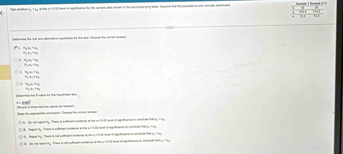 Tast whether mu _1 al the a=0.02 t level of significancs for the sample data shown in the accompanying table. Assume that the populations are normally distributed, 
Determine the null and afternative hypothesis for this test. Choose the correct answer.
A. H_0mu _1=mu _2
H_1mu _1
B. H_0· mu _1
H_5p_1=mu _2
C. H_0to mu _1· mu _2
H_1u_1!= mu _2
D H_0mu _1!= mu _2
H_1· mu _1
Determine the P -value for this hypothesis test.
P=0001°
(Round to three decimal places as needed.)
State the appropriate conclusion. Choose the correct answer.
A. Do not reject H_0 There is sufficient evidence at the a=0.02 tevel of significance to conclude that p_1
B. Reject^Hb There is sufficient evidence at the a=0.02 2 level of significance to conclude that mu _1
C. Reject H_0 There is not sufficient evidence at the a=0.02 level of significance to conclude that mu _1
D. Do not reject Hy. There is not sufficient evidence at the a=0.0 02 level of significance to conclude that P_1
