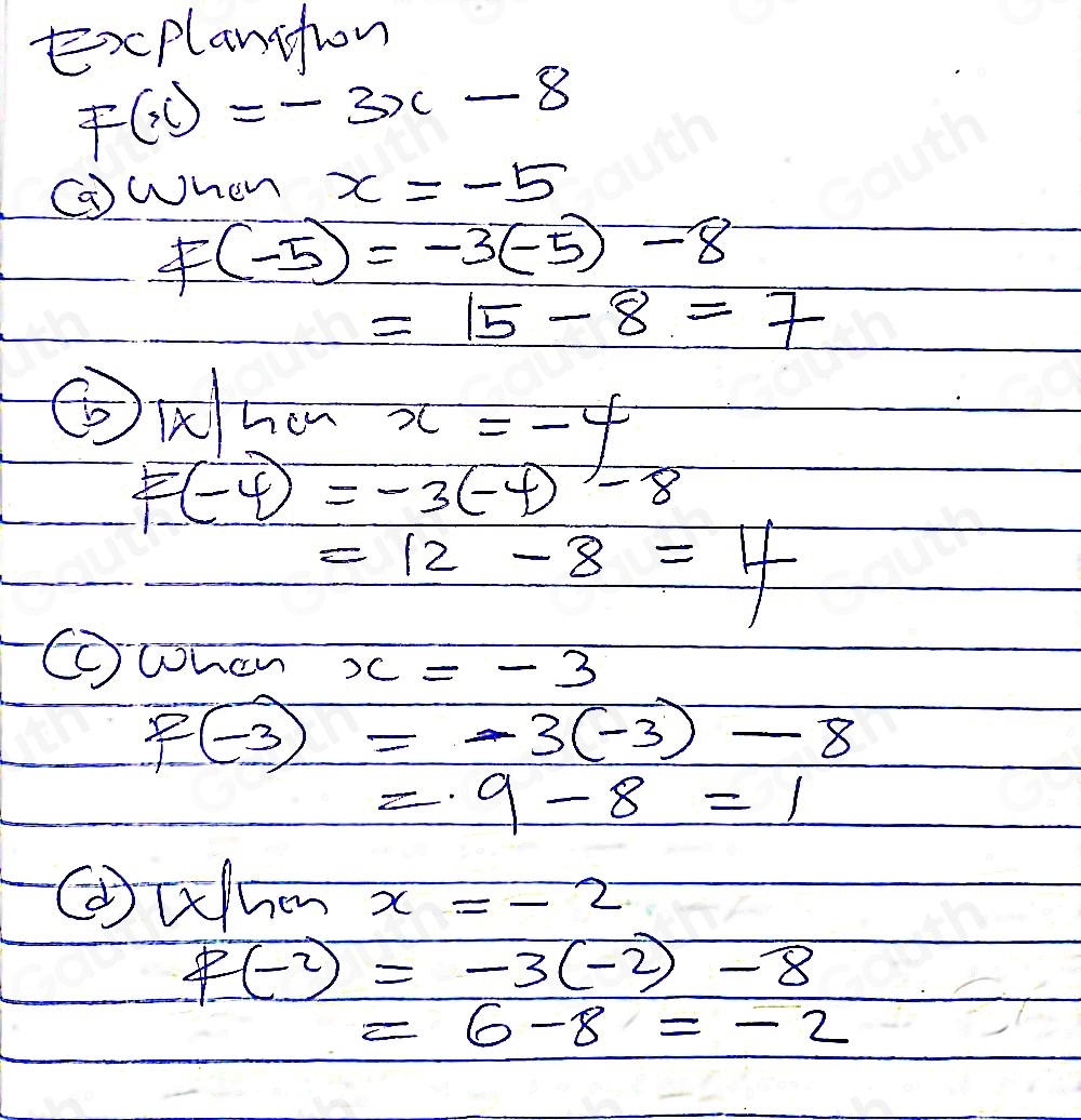 Explanifion
F(x)=-3x-8
Cwhen x=-5
F(-5)=-3(-5)-8
=15-8=7
③Khan x=-y
F(-4)=-3(-4)-8
=12-8=4
⑩whan x=-3
f(-3)=-3(-3)-8
=.9-8=1
x|sin x=-2
P(-2)=-3(-2)-8
=6-8=-2