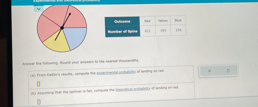 Answer the following. Round your answers to the nearest thousandths. 
(a) From Kaitlin's results, compute the experimental probability of landing on red. 
× 5 
(b) Assuming that the spinner is fair, compute the theoretical probability of landing on red.