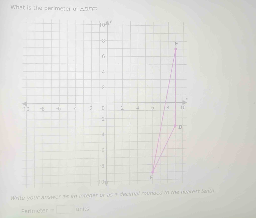 What is the perimeter of △ DEF
Write your answer as an integer or as a decimal rounded to the nearest tenth. 
Perimeter = units