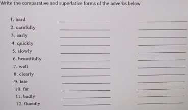 Write the comparative and superlative forms of the adverbs below 
1. hard 
_ 
_ 
2. carefully 
_ 
_ 
3. early 
_ 
_ 
4. quickly 
_ 
_ 
5. slowly 
__ 
6. beautifully_ 
_ 
7. well 
_ 
_ 
8. clearly 
_ 
_ 
9. late 
_ 
_ 
10.far 
_ 
_ 
11. badly 
_ 
_ 
12. fluently 
_ 
_