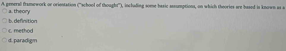 A general framework or orientation (“school of thought”), including some basic assumptions, on which theories are based is known as a
a. theory
b. definition
c. method
d. paradigm