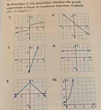 In Exercises 5-10, determine whether the graph 
represents a linear or nonfinzar function. Explain. 
(See Example I ) 
S.6. 
7. B. 

9.10.