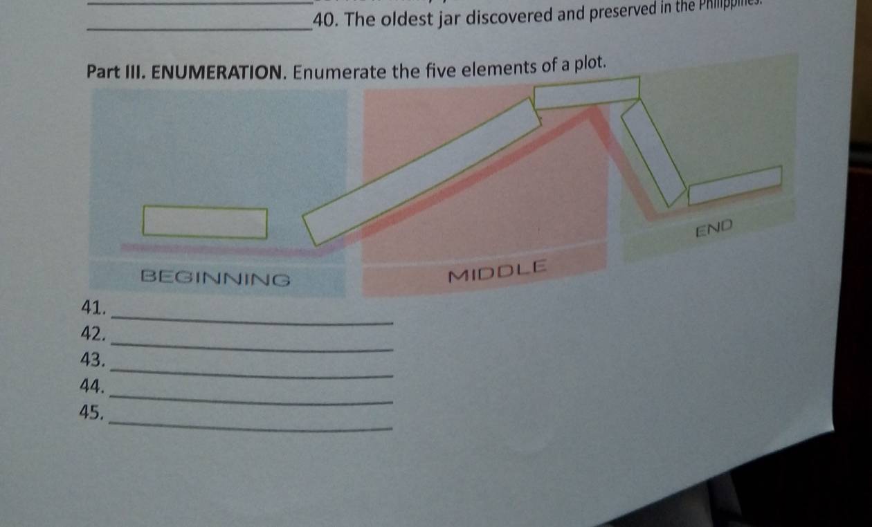 The oldest jar discovered and preserved in the Philippln 
Part III. ENUMERATION. Enumerate the five elements of a plot. 
END 
BEGINNING 
MIDDLE 
41. 
_ 
42. 
_ 
_ 
43. 
_ 
44. 
_ 
45.