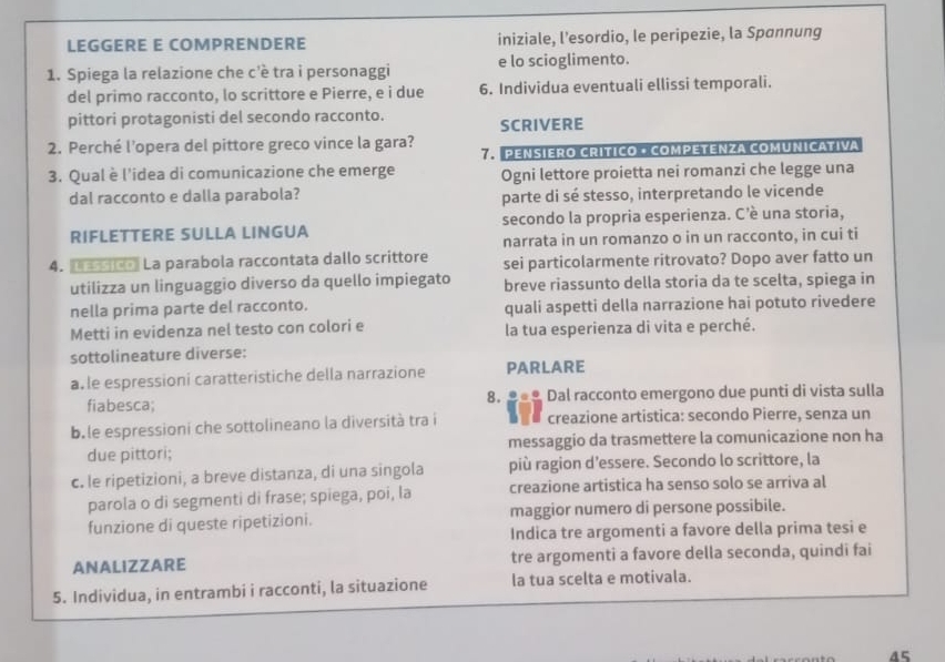 LEGGERE E COMPRENDERE iniziale, l’esordio, le peripezie, la Spannung
1. Spiega la relazione che c'è tra i personaggi e lo scioglimento.
del primo racconto, lo scrittore e Pierre, e i due 6. Individua eventuali ellissi temporali.
pittori protagonisti del secondo racconto.
SCRIVERE
2. Perché l'opera del pittore greco vince la gara? 7 . PENSIERO CRíTICO + COMPETENZA COMUNICATIva
3. Qual è l'idea di comunicazione che emerge Ogni lettore proietta nei romanzi che legge una
dal racconto e dalla parabola? parte di sé stesso, interpretando le vicende
RIFLETTERE SULLA LINGUA secondo la propria esperienza. C’è una storia,
narrata in un romanzo o in un racconto, in cui ti
4. adl La parabola raccontata dallo scrittore sei particolarmente ritrovato? Dopo aver fatto un
utilizza un linguaggio diverso da quello impiegato breve riassunto della storia da te scelta, spiega in
nella prima parte del racconto. quali aspetti della narrazione hai potuto rivedere
Metti in evidenza nel testo con colori e la tua esperienza di vita e perché.
sottolineature diverse:
a, le espressioni caratteristiche della narrazione PARLARE
fiabesca; 8.  Dal racconto emergono due punti di vista sulla
b.le espressioni che sottolineano la diversità tra i creazione artistica: secondo Pierre, senza un
due pittori; messaggio da trasmettere la comunicazione non ha
c. le ripetizioni, a breve distanza, di una singola più ragion d’essere. Secondo lo scrittore, la
parola o di segmenti di frase; spiega, poi, la creazione artistica ha senso solo se arriva al
funzione di queste ripetizioni. maggior numero di persone possibile.
Indica tre argomenti a favore della prima tesi e
ANALIZZARE tre argomenti a favore della seconda, quindi fai
5. Individua, in entrambi i racconti, la situazione la tua scelta e motivala.
45