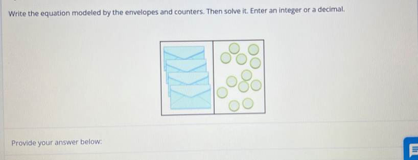 Write the equation modeled by the envelopes and counters. Then solve it. Enter an integer or a decimal. 
Provide your answer below: