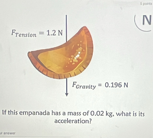 If this empanada has a mass of 0.02 kg, what is its
acceleration?
r answer