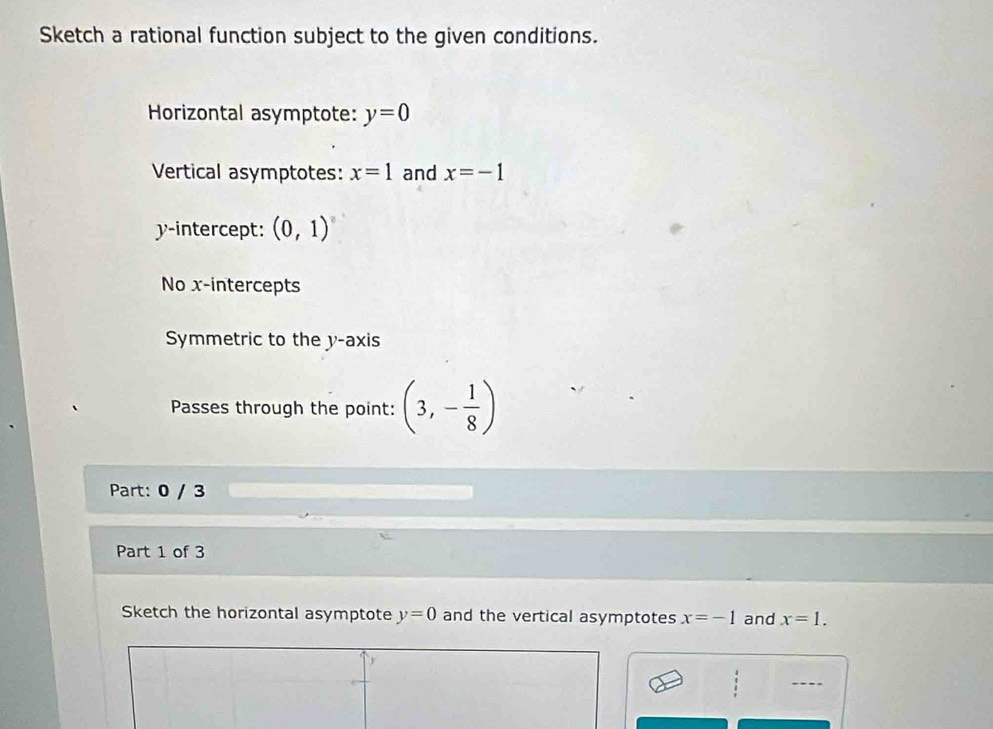 Sketch a rational function subject to the given conditions. 
Horizontal asymptote: y=0
Vertical asymptotes: x=1 and x=-1
y-intercept: (0,1)
No x-intercepts 
Symmetric to the y-axis 
Passes through the point: (3,- 1/8 )
Part: 0 / 3
Part 1 of 3 
Sketch the horizontal asymptote y=0 and the vertical asymptotes x=-1 and x=1. 
----