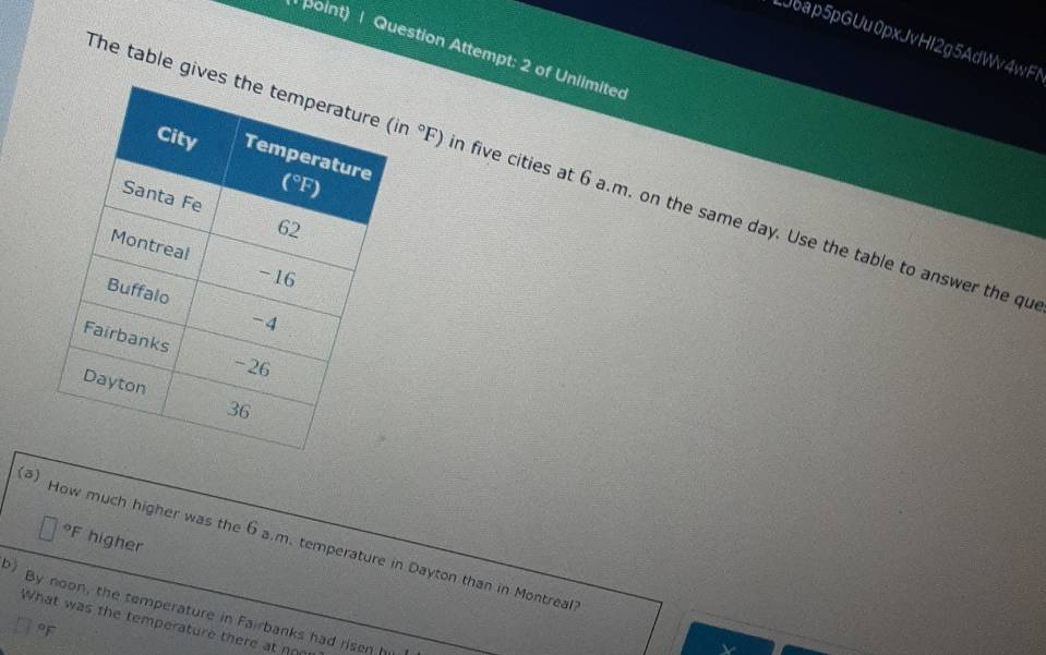 LJbap5pGUu0pxJvHI2g5AdWv4wFl
point) | Question Attempt: 2 of Unlimited
The table give (in°F) n five cities at 6 a.m. on the same day. Use the table to answer the qu
F higher
a) How much higher was the 6 a.m. temperature in Dayton than in Montreal
) By noon, the temperature in Fairbanks had risen h
What was the temperature there at non
oF