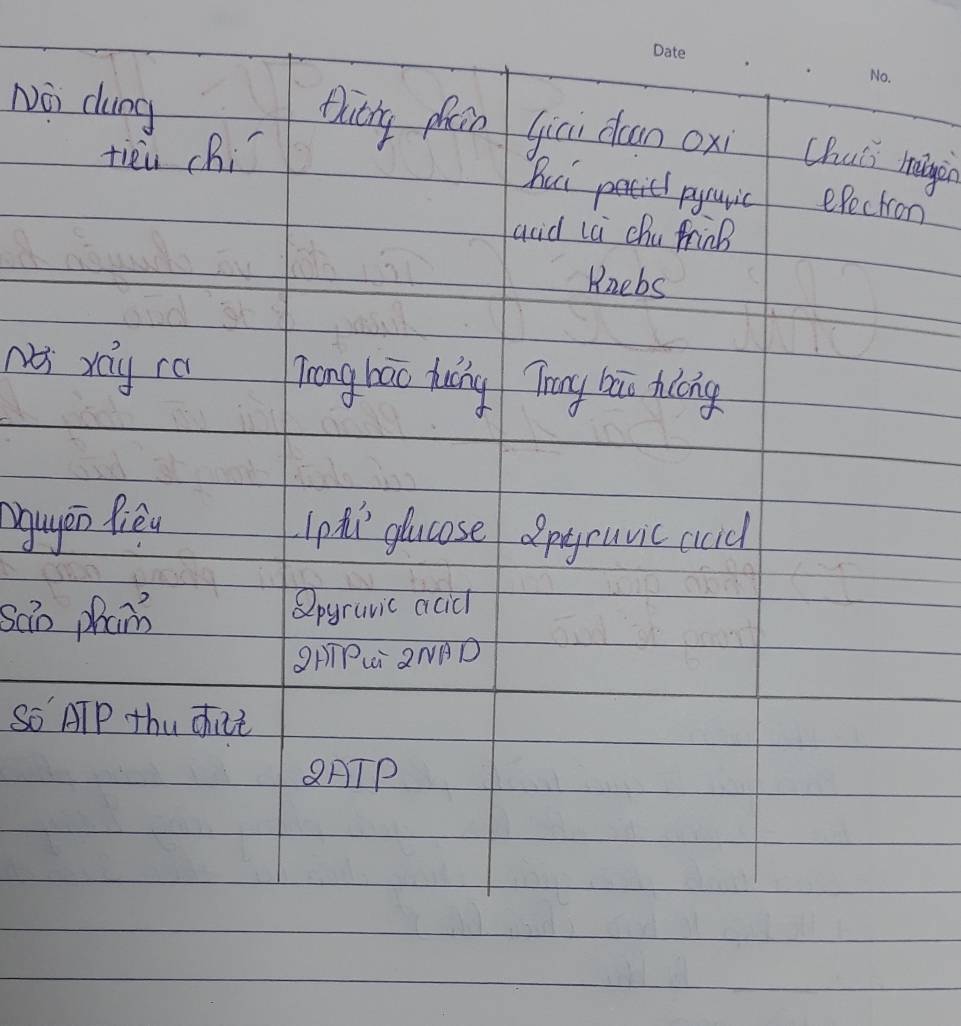 Noi dung thitry phcn gici don oxi Chuii hagin 
tièu chi 
hut pyuic epectron 
acid la chu frinB 
Knebs 
Ni yay ra Trong bao ducng Tng bāo hlong 
ngugen fiew lpt glucose dptgruvic ccid 
son phan Qpyruvic acicl 
OHTPL ZNPD 
So ATP thu dat 
QATP