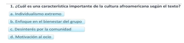 ¿Cuál es una característica importante de la cultura afroamericana según el texto?
a. Individualismo extremo
b. Enfoque en el bienestar del grupo
c. Desinterés por la comunidad
d. Motivación al ocio