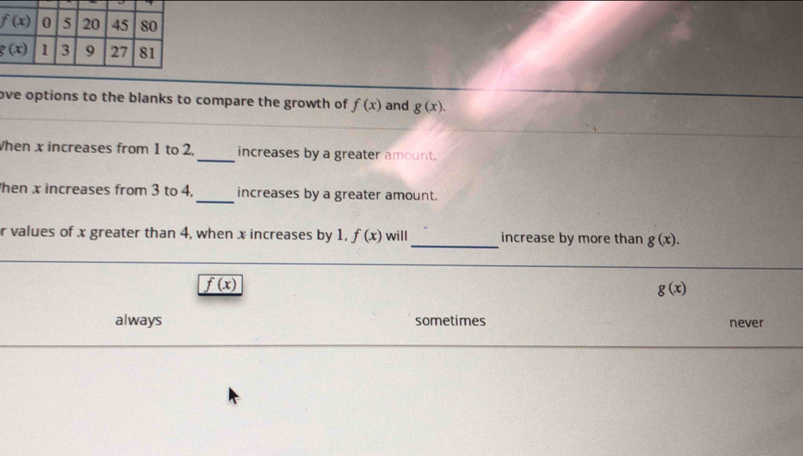 ove options to the blanks to compare the growth of f(x) and g(x).
When x increases from 1 to 2. _increases by a greater amount.
hen x increases from 3 to 4,_ increases by a greater amount.
r values of x greater than 4, when x increases by 1, f(x) will _increase by more than g(x).
f(x)
g(x)
always sometimes never