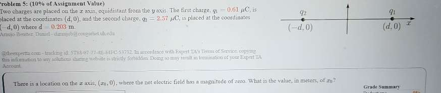 roblem 5: (10% of Assignment Value) 
Iwo charges are placed on the xaxis, equidistant from the y axis. The first charge, q_1=0.61mu C is q2 91
placed at the coordinates . (d,0) , and the second charge, q_2=2.57 μC, is placed at the coordinates
(-d,0) where d=0.203m. τ
(-d,0)
(d,0)
Aráuio-Benítez Daniel - daranjob@ congarnet uh edu 
@ theexpertta com - tracking id: STS8-07-77-4E-84FC-$3732. In accordance with Expert TA's Terms of Service, copying 
this information to any solutions sharing website is strictly ferbiddan. Doing so may result in termination of your Expert TA 
Azcount 
There is a location on the x axis, (x_0,0) , where the net electric field has a magnitude of zero. What is the value, in meters, of æ? Grade Summary