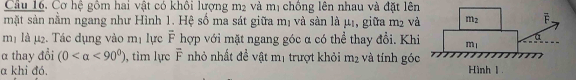 Cơ hệ gồm hai vật có khôi lượng m2 và mị chồng lên nhau và đặt lên
mặt sàn nằm ngang như Hình 1. Hệ số ma sát giữa mị và sàn là μ₁, giữa m_2 và
mị là μ2. Tác dụng vào m_1 lựrc overline F hợp với mặt ngang góc α có thể thay đổi. Khi
α thay đổi (0 <90^0) ), tìm lực overline F nhỏ nhất đề vật mị trượt khỏi m_2 và tính góc
α khi đó.