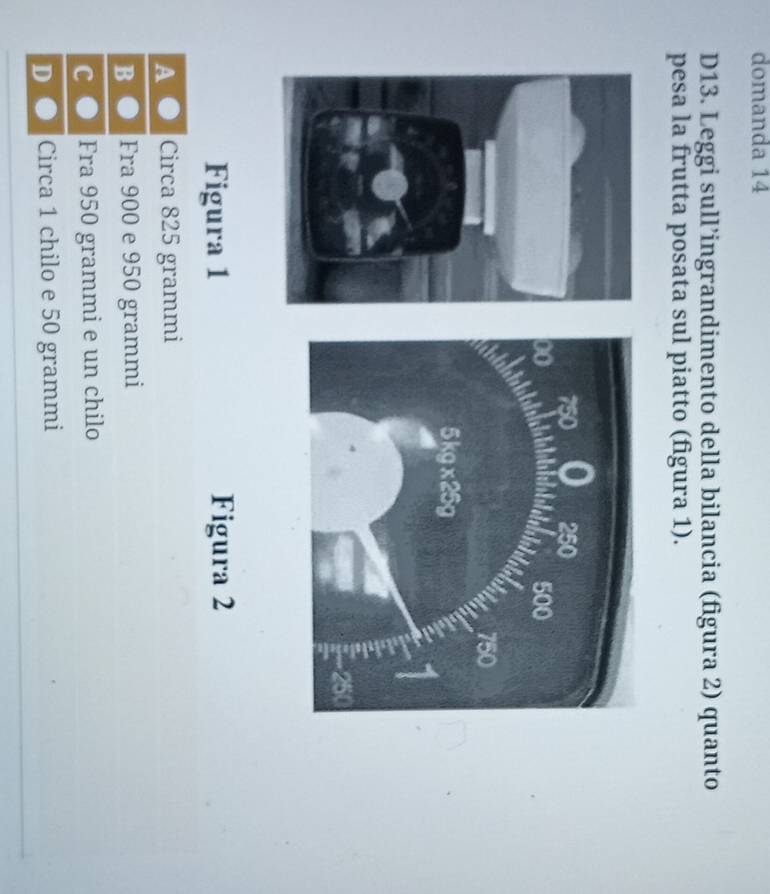 domanda 14
D13. Leggi sull’ingrandimento della bilancia (figura 2) quanto
pesa la frutta posata sul piatto (figura 1).
Figura 1 Figura 2
A Circa 825 grammi
B Fra 900 e 950 grammi
c ● Fra 950 grammi e un chilo
D ● Circa 1 chilo e 50 grammi
