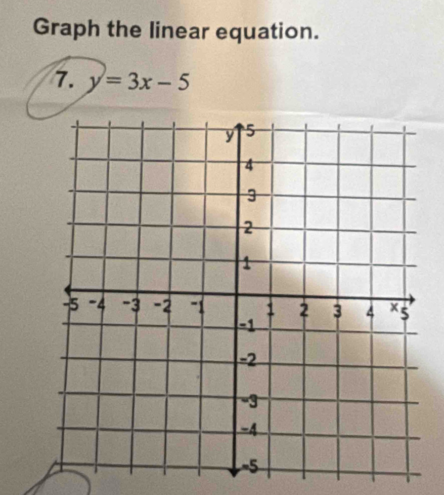 Graph the linear equation. 
7. y=3x-5