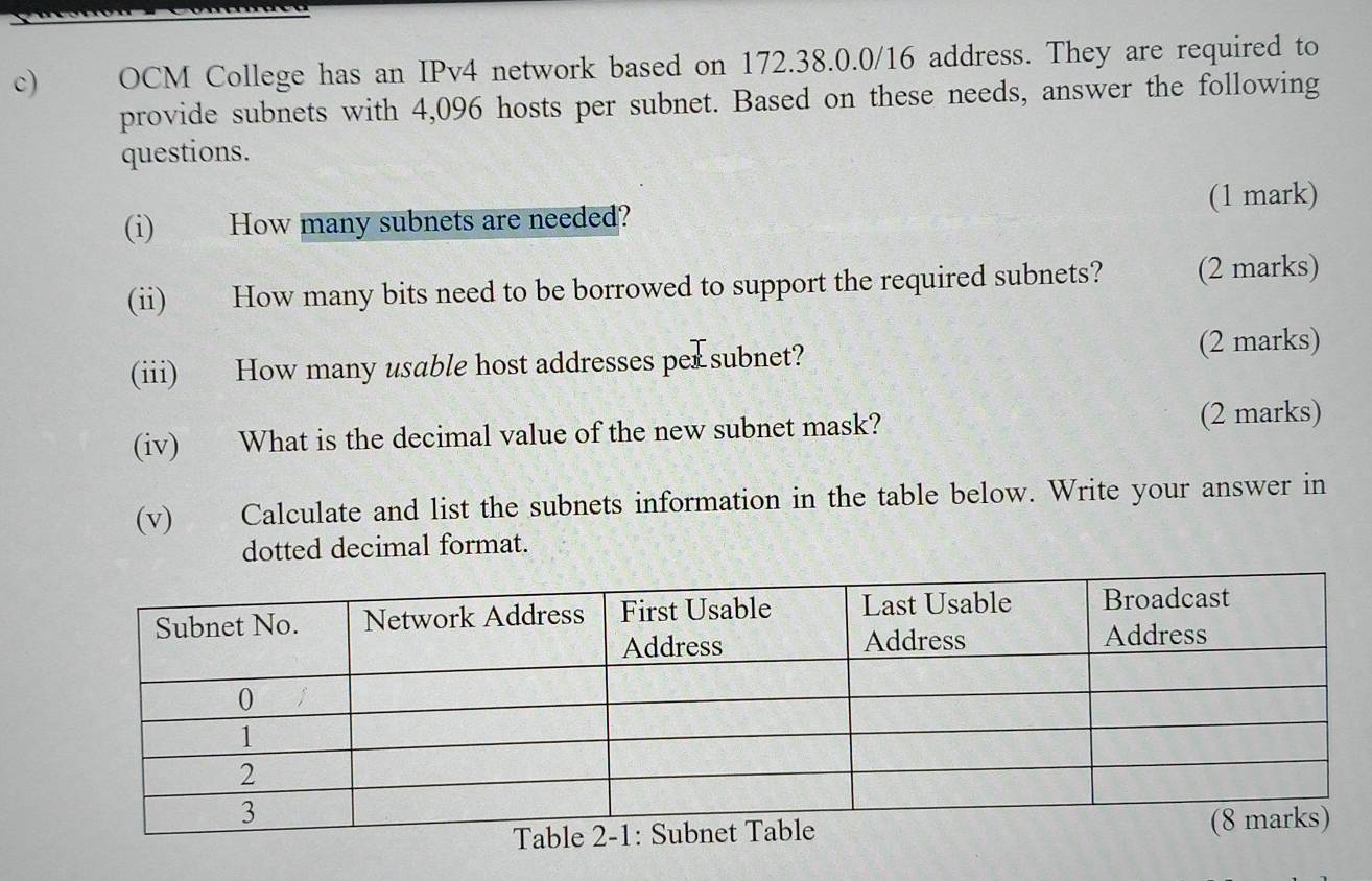 c OCM College has an IPv4 network based on 172.38.0.0/16 address. They are required to 
provide subnets with 4,096 hosts per subnet. Based on these needs, answer the following 
questions. 
(i) How many subnets are needed? (1 mark) 
(ii) How many bits need to be borrowed to support the required subnets? (2 marks) 
(iii) How many usable host addresses per subnet? (2 marks) 
(iv) What is the decimal value of the new subnet mask? (2 marks) 
(v) Calculate and list the subnets information in the table below. Write your answer in 
dotted decimal format.