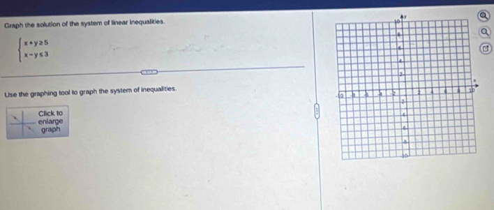 Graph the solution of the system of linear inequalities.
beginarrayl x+y≥ 5 x-y≤ 3endarray.
C 
Use the graphing tool to graph the system of inequalities. 
Click to 
enlarge 
graph