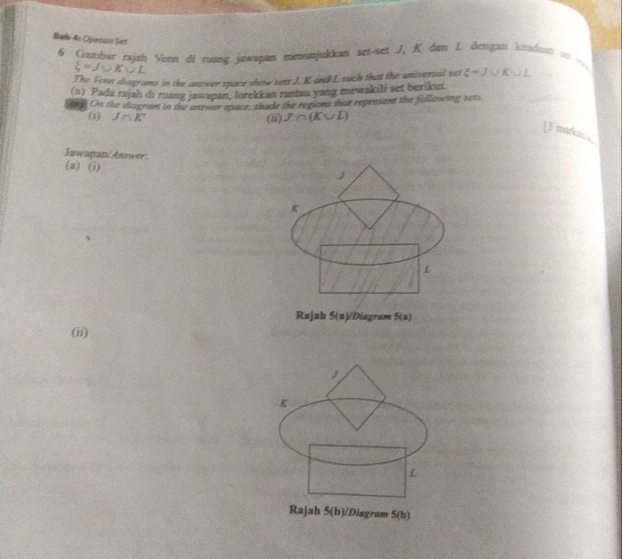 Íalo-4s Opeson Set 
6 Gambar rajah Venn di rang jawapan memuujukkan set-set J, K dan L dengan keadaan on
 1/5 =J∪ K∪ L
The Venn diagrams in the antwer space show sets J. K and L such that the universal set xi =J∪ K∪ L
(a) Pada rajah di ruang jawapan, lorekkan rantau yang mewakili set berikut. 
On the diagram in the answer space, thode the regions that represent the following sets 
(1) J∩ K (5) J∩ (K∪ L)
[3 markas 
Jawapan/Answer. 
(2) (1)
j
5
L
Rajah 5(a)/Diagram 5(a) 
(ii)
L
Rajah 5(b) Diagram 5(b)