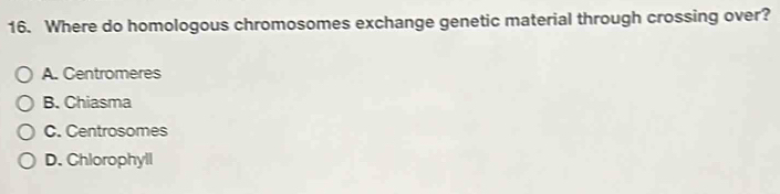 Where do homologous chromosomes exchange genetic material through crossing over?
A. Centromeres
B. Chiasma
C. Centrosomes
D. Chlorophyll