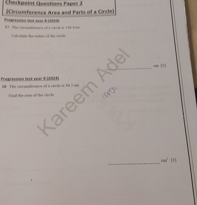 Solved: Checkpoint Questions Paper 2 (Circumference Area and Parts of a ...