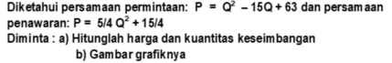 Diketahui persamaan permintaan: P=Q^2-15Q+63 dan persam aan 
penawaran: P=5/4Q^2+15/4
Diminta : a) Hitunglah harga dan kuantitas keseimbangan 
b) Gambar grafiknya