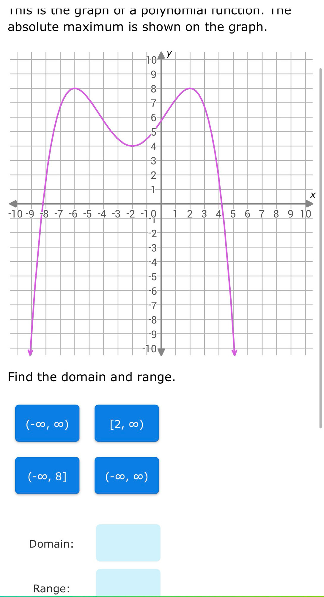 This is the grapn of a polynomial function. The 
absolute maximum is shown on the graph.
X
-10
Find the domain and range.
(-∈fty ,∈fty )
[2,∈fty )
(-∈fty ,8]
(-∈fty ,∈fty )
Domain: 
Range: