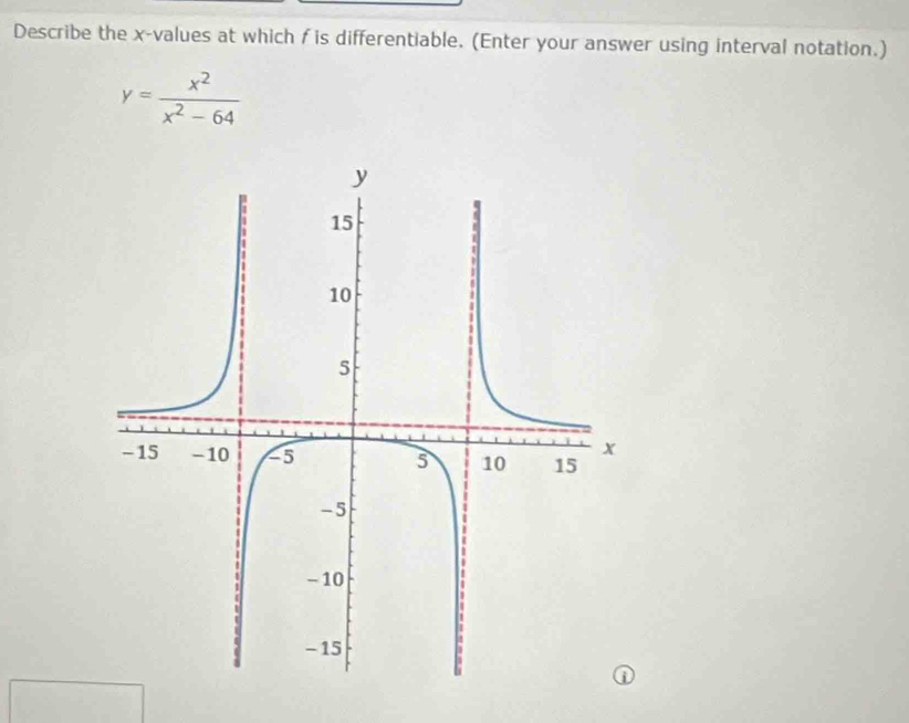 Describe the x -values at which f is differentiable. (Enter your answer using interval notation.)
y= x^2/x^2-64 