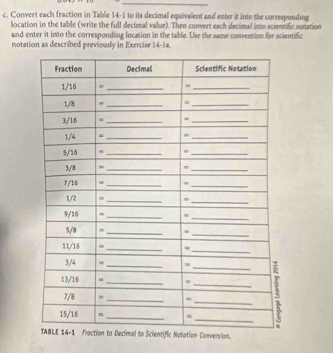 Convert each fraction in Table 14-1 to its decimal equivalent and enter it into the corresponding 
location in the table (write the full decimal value). Then convert each decimal into scientific notation 
and enter it into the corresponding location in the table. Use the same convention for scientific 
notation as described previously in Exercise 14-1a. 
version.