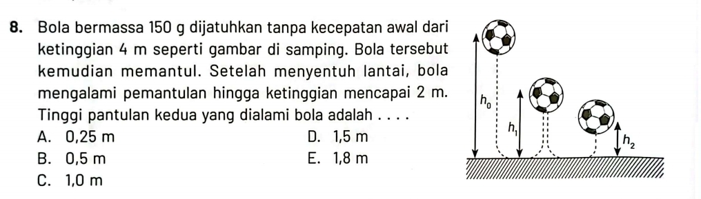 Bola bermassa 150 g dijatuhkan tanpa kecepatan awal dari
ketinggian 4 m seperti gambar di samping. Bola tersebut
kemudian memantul. Setelah menyentuh lantai, bola
mengalami pemantulan hingga ketinggian mencapai 2 m.
Tinggi pantulan kedua yang dialami bola adalah . . . .
A. 0,25 m D. 1,5 m
B. 0,5 m E. 1,8 m
C. 1,0 m