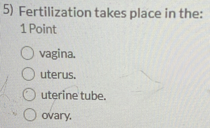 Fertilization takes place in the:
1 Point
vagina.
uterus.
uterine tube.
ovary.