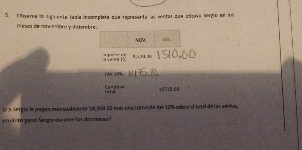 Observa la siguiente tabla incompleta que representa las ventas que obtuvo Sergio en los 
meses de noviembre y diciembre: 
NOV. DiC、 
Importe de 
la venta (S) 9,220.00
IVA 16%
Cantidad 
total 10730.00
Si a Sergio le pagan mensualmente $4,200.00 más una comisión del 10% sobre el total de las ventas, 
¿cuánto ganó Sergio durante los dos meses?