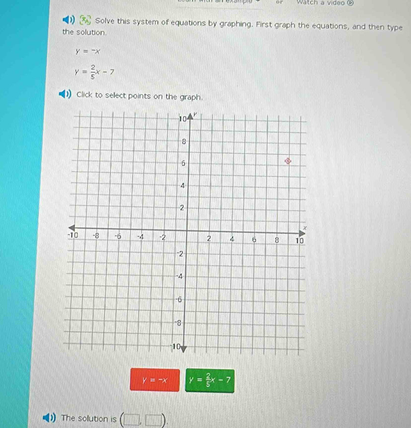 Watch a video ⑨ 
Solve this system of equations by graphing. First graph the equations, and then type 
the solution.
y=-x
y= 2/5 x-7
Click to select points on the graph
y=-x y= 2/5 x-7
The solution is (□ ,□ ).