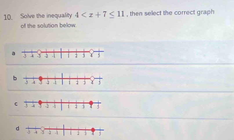 Solve the inequality 4 , then select the correct graph
of the solution below.
a
b
d