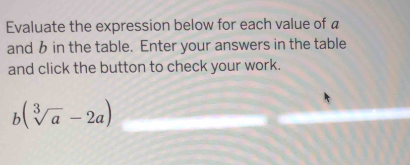 Evaluate the expression below for each value of a
and 6 in the table. Enter your answers in the table 
and click the button to check your work.
b(sqrt[3](a)-2a)