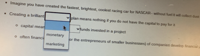 Imagine you have created the fastest, brightest, coolest racing car for NASCAR- without fuel it will collect dust 
Creating a brilliant plan means nothing if you do not have the capital to pay for it 
capital mean funds invested in a project 
often financi monetary 
or the entrepreneurs of smaller businesses) of companies develop financial 
marketing