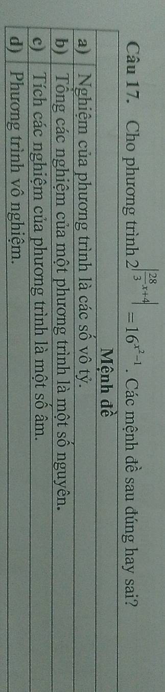 Cho phương trình 2^(|frac 28)3x+4|=16^(x^2)-1. Các mệnh đề sau đúng hay sai?