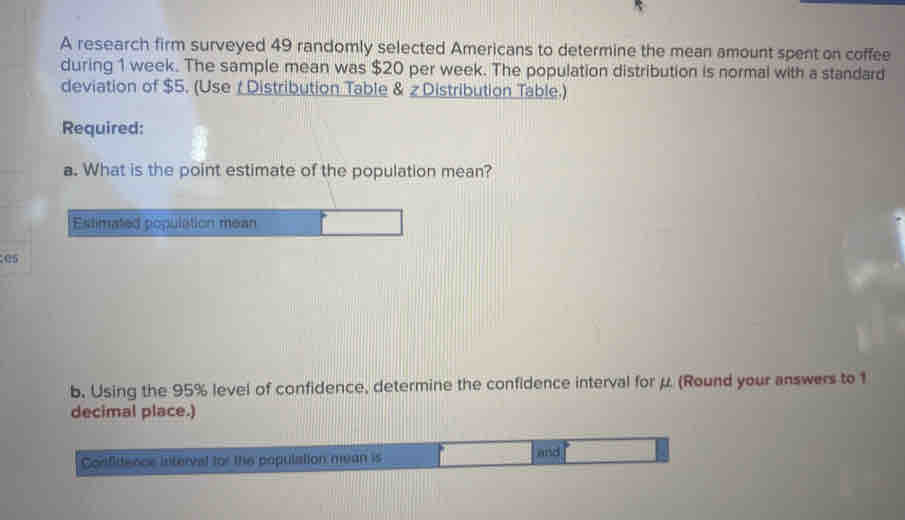 A research firm surveyed 49 randomly selected Americans to determine the mean amount spent on coffee 
during 1 week. The sample mean was $20 per week. The population distribution is normal with a standard 
deviation of $5. (Use † Distribution Table & z Distribution Table.) 
Required: 
a. What is the point estimate of the population mean? 
Estimated population mean
05
b. Using the 95% level of confidence, determine the confidence interval for μ (Round your answers to 1
decimal place.) 
Confitence interval for the population mean is and