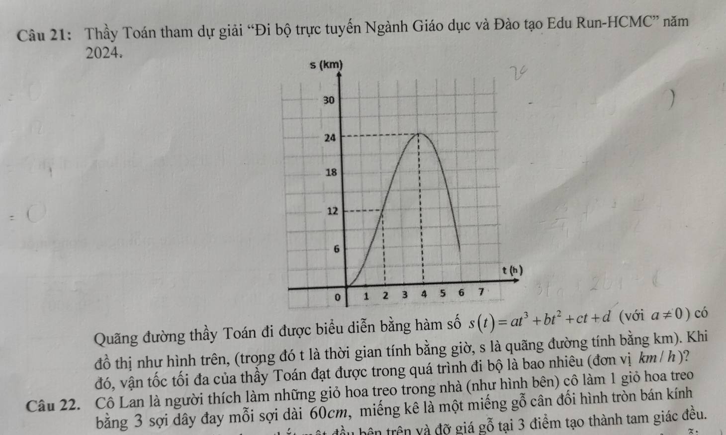 Thầy Toán tham dự giải “Đi bộ trực tuyến Ngành Giáo dục và Đào tạo Edu Run-HCMC” năm 
2024. 
Quãng đường thầy Toán đi được biểu diễn bằng hàm số s(t)=at^3+bt^2+ct+d (với a!= 0) có 
đồ thị như hình trên, (trong đó t là thời gian tính bằng giờ, s là quãng đường tính bằng km). Khi 
đó, vận tốc tối đa của thầy Toán đạt được trong quá trình đi bộ là bao nhiêu (đơn vị km /h)? 
Câu 22. Cô Lan là người thích làm những giỏ hoa treo trong nhà (như hình bên) cô làm 1 giỏ hoa treo 
bằng 3 sợi dây đay mỗi sợi dài 60cm, miếng kê là một miếng gỗ cân đối hình tròn bán kính 
trên trên và đỡ giá gỗ tại 3 điểm tạo thành tam giác đều.