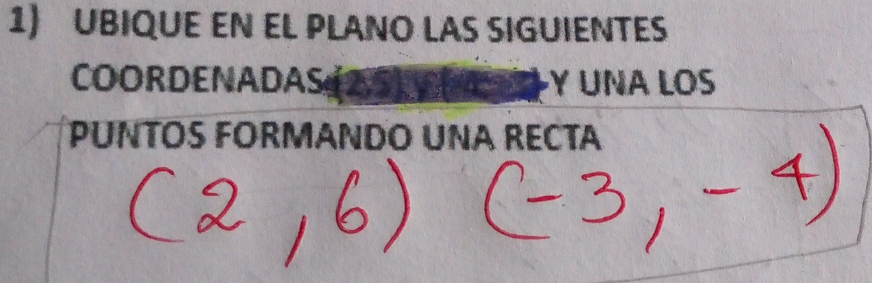 UBIQUE EN EL PLANO LAS SIGUIENTES 
COORDENADAS Y UNA LOS 
PUNTOS FORMANDO UNA RECTA