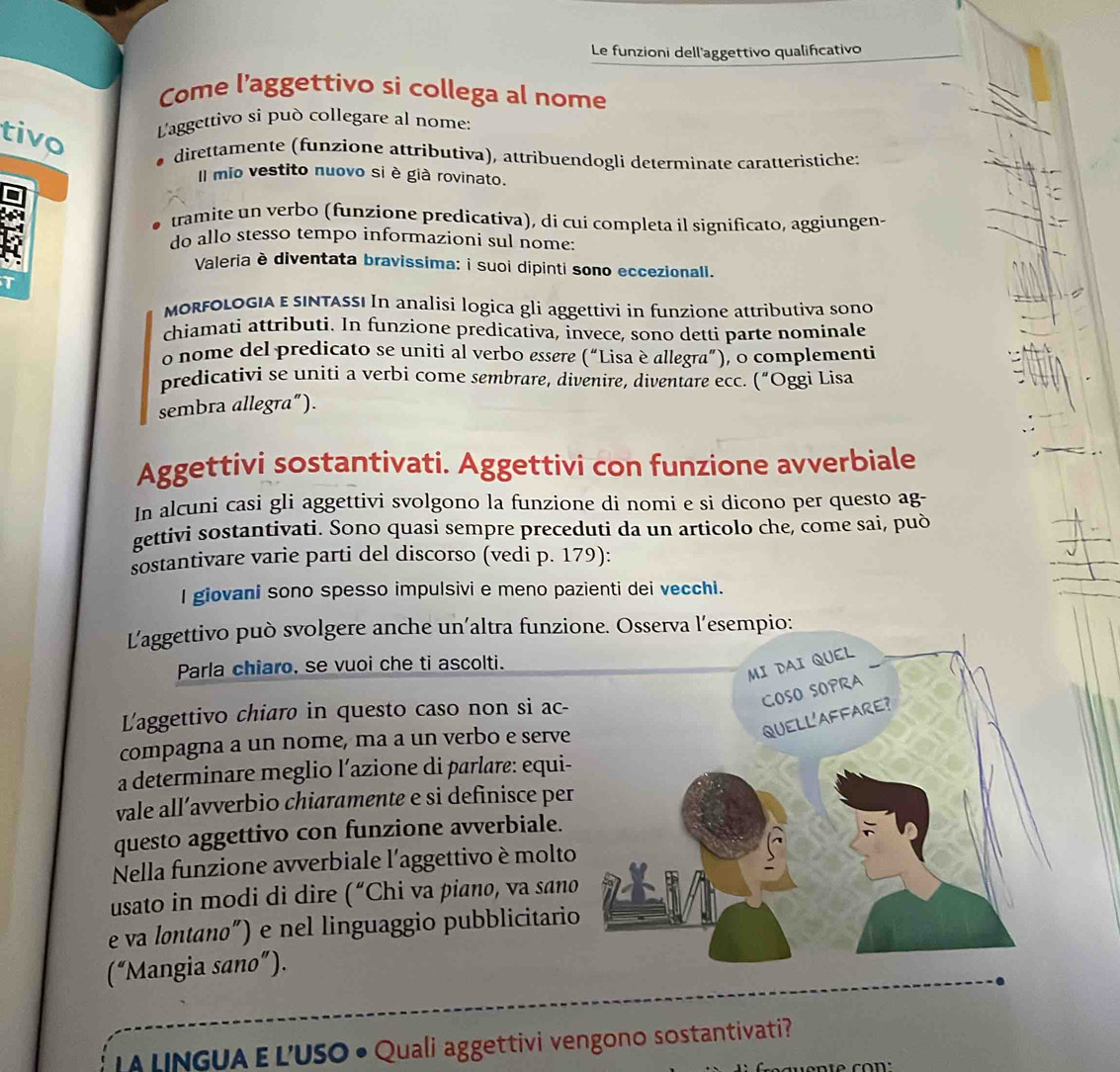 Le funzioni dell'aggettivo qualifcativo
Come l’aggettivo si collega al nome
tivo  L'aggettivo si può collegare al nome:
* direttamente (funzione attributiva), attribuendogli determinate caratteristiche:
Il mio vestito nuovo si è già rovinato.
tramite un verbo (funzione predicativa), di cui completa il significato, aggiungen-
do allo stesso tempo informazioni sul nome:
Valeria è diventata bravissima: i suoi dipinti sono eccezionall.
I
MORFOLOGIA E SINTASS! In analisi logica gli aggettivi in funzione attributiva sono
chiamati attributi. In funzione predicativa, invece, sono detti parte nominale
o nome del predicato se uniti al verbo essere (“Lisa è allegra”), o complementi
predicativi se uniti a verbi come sembrare, divenire, diventare ecc. (“Oggi Lisa
sembra allegra”).
Aggettivi sostantivati. Aggettivi con funzione avverbiale
In alcuni casi gli aggettivi svolgono la funzione di nomi e si dicono per questo ag-
gettivi sostantivati. Sono quasi sempre preceduti da un articolo che, come sai, può
sostantivare varie parti del discorso (vedi p. 179):
I giovani sono spesso impulsivi e meno pazienti dei vecchi.
Laggettivo può svolgere anche un’altra funzione. Osserva l’esempio:
Parla chiaro, se vuoi che ti ascolti.
MI DAI QUEL
COSO SOPRA
Laggettivo chiaro in questo caso non si ac-
QUELL'AFFARE?
compagna a un nome, ma a un verbo e serve
a determinare meglio l’azione di parlare: equi-
vale all’avverbio chiaramente e si definisce per
questo aggettivo con funzione avverbiale.
Nella funzione avverbiale l'aggettivo è molto
usato in modi di dire ('' Chi va piano, va sano
e va lontano”) e nel linguaggio pubblicitario
(“Mangia sano”).
L A LNGUA E L’USO • Quali aggettivi vengono sostantivati?