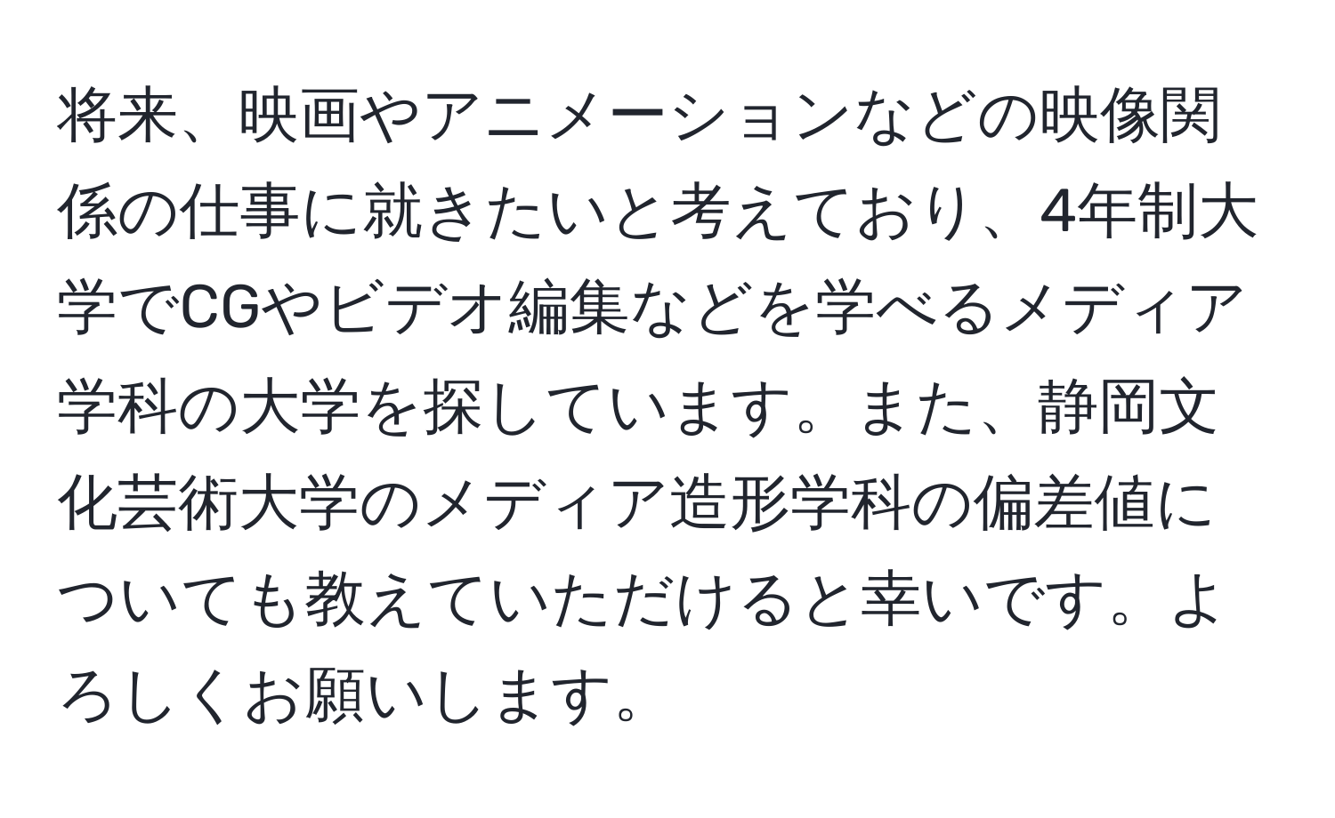 将来、映画やアニメーションなどの映像関係の仕事に就きたいと考えており、4年制大学でCGやビデオ編集などを学べるメディア学科の大学を探しています。また、静岡文化芸術大学のメディア造形学科の偏差値についても教えていただけると幸いです。よろしくお願いします。