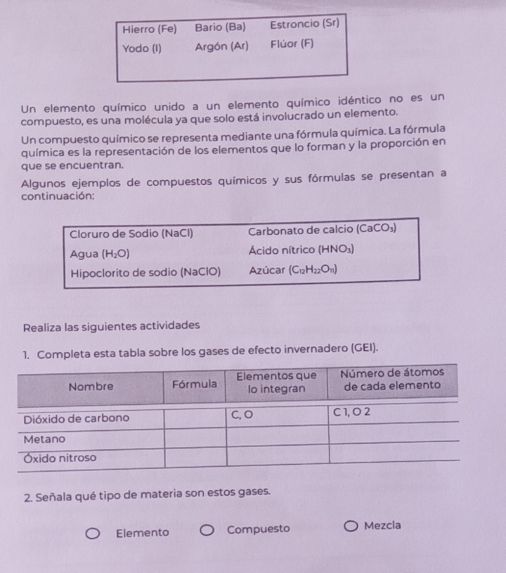 Hierro (Fe) Bario (Ba) Estroncio (Sr) 
Yodo (I) Argón (Ar) Flúor (F) 
Un elemento químico unido a un elemento químico idéntico no es un 
compuesto, es una molécula ya que solo está involucrado un elemento. 
Un compuesto químico se representa mediante una fórmula química. La fórmula 
química es la representación de los elementos que lo forman y la proporción en 
que se encuentran. 
Algunos ejemplos de compuestos químicos y sus fórmulas se presentan a 
continuación: 
Cloruro de Sodio (NaCl) Carbonato de calcio (CaCO_3)
Agua (H_2O) Ácido nítrico (HNO_3)
Hipoclorito de sodio (NaClO) Azúcar (C_12H_22O_11)
Realiza las siguientes actividades 
1. Completa esta tabla sobre los gases de efecto invernadero (GEI). 
2. Señala qué tipo de materia son estos gases. 
Elemento Compuesto Mezcla