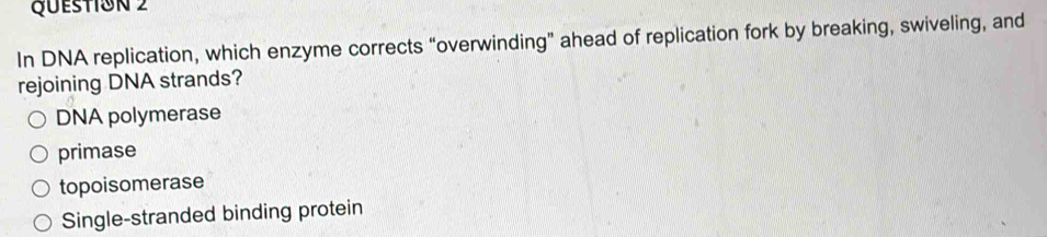 In DNA replication, which enzyme corrects “overwinding” ahead of replication fork by breaking, swiveling, and
rejoining DNA strands?
DNA polymerase
primase
topoisomerase
Single-stranded binding protein