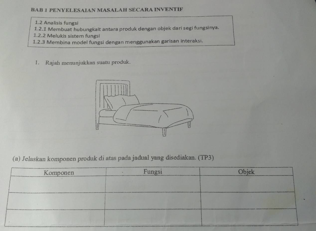 BAB 1 PENYELESAIAN MASALAH SECARA INVENTIF 
1.2 Analisis fungsi 
1.2.1 Membuat hubungkait antara produk dengan objek dari segi fungsinya. 
1.2.2 Melukis sistem fungsi 
1.2.3 Membina model fungsi dengan menggunakan garisan interaksi. 
1. Rajah menunjukkan suatu produk. 
(a) Jelaskan komponen produk di atas pada jadual yang disediakan. (TP3)