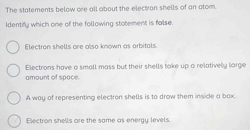 Solved: The statements below are all about the electron shells of an ...