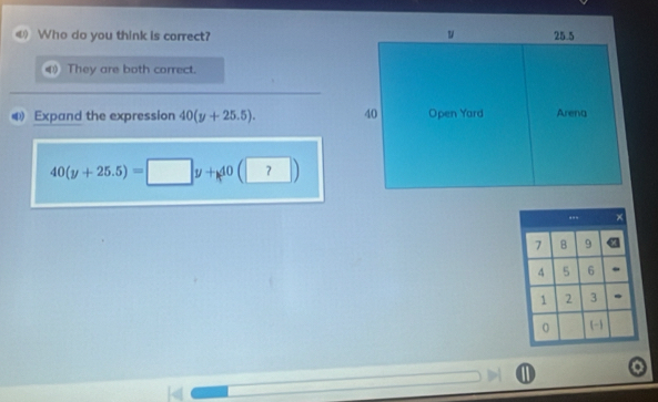 Who do you think is correct?
They are both correct.
4 Expand the expression 40(y+25.5).
40(y+25.5)=□ y+40(?)
a