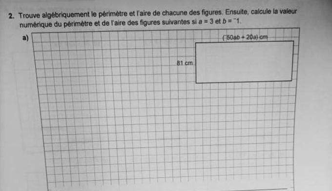 Trouve algébriquement le périmètre et l'aire de chacune des figures. Ensuite, calcule la valeur