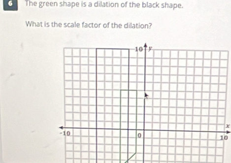 The green shape is a dilation of the black shape. 
What is the scale factor of the dilation?
x
10